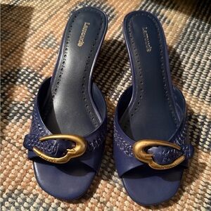 Larroude Verona Mule in Navy Leather with Gold Buckle